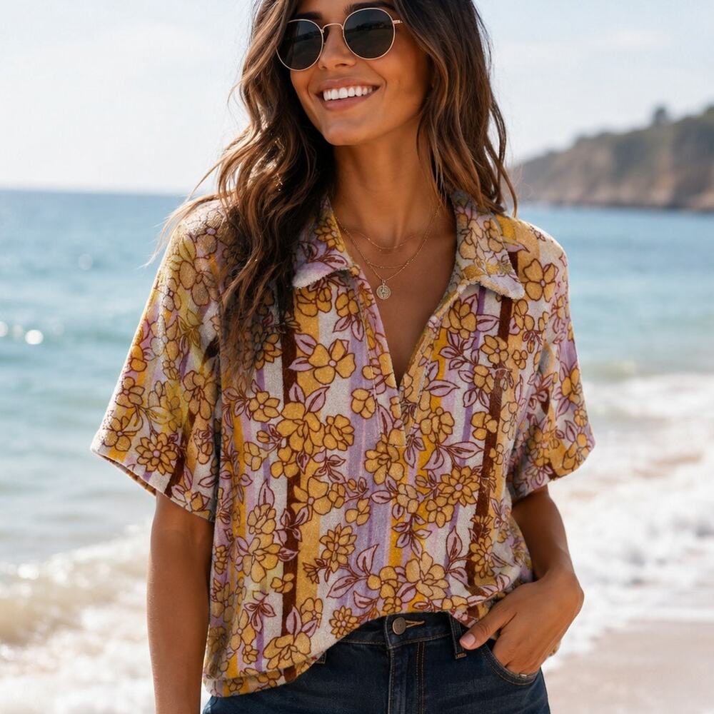 Wilfred Free Popsicle Beach Top Womens Medium Lilac Apricot Floral Terry Aritzia